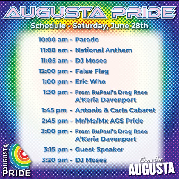 Augusta Pride Schedule for Saturday, June 28th.