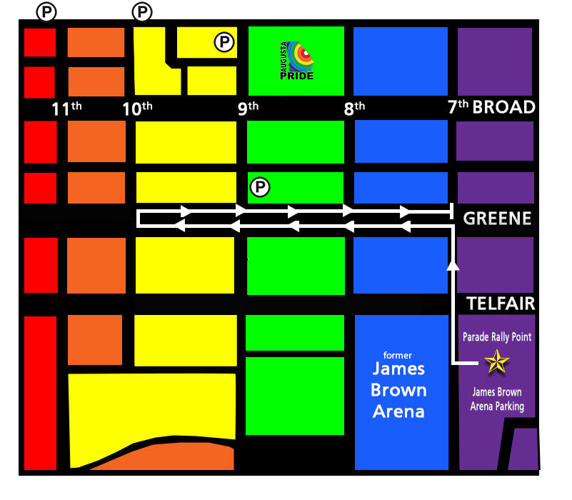Parade route map: The parade will line up in the James Brown Arena parking lot and begin promptly at 10:00 a.m. We will march north on 7th Street, west on Greene Street, south on 9th Street, east on Telfair Street, then south on 7th Street. Return to the James Brown Arena parking lot to end the parade.
